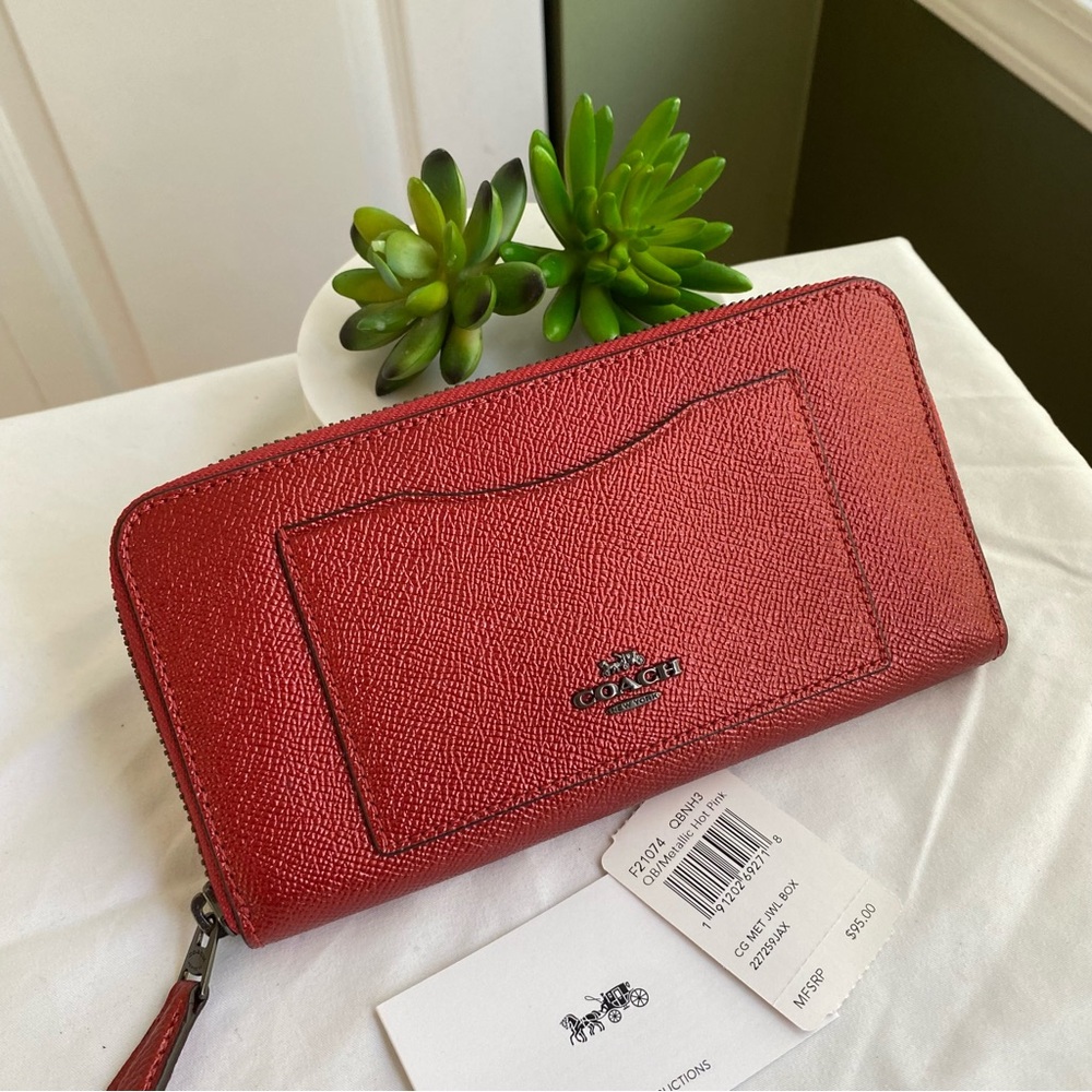 Coach Metallic Red Pink Accordian Zip Leather Wallet - Picture 3 of 8